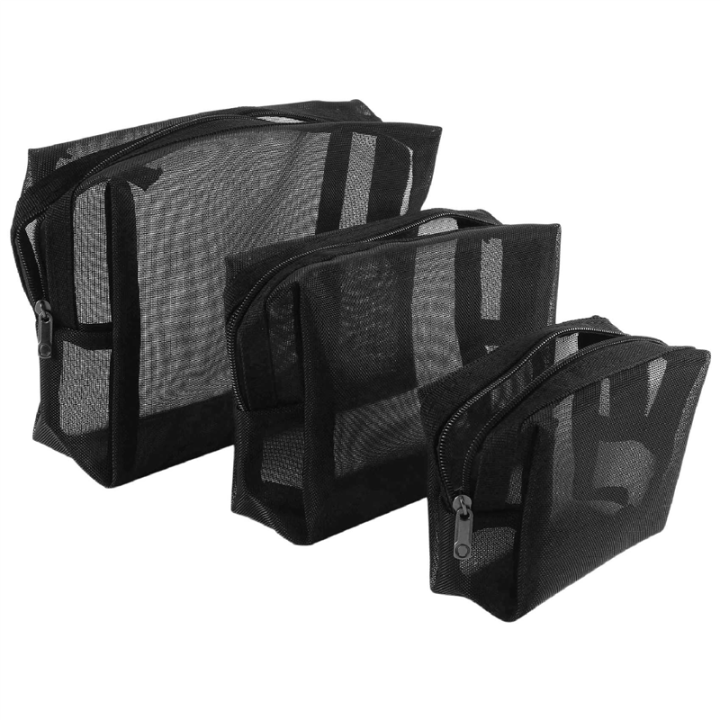 Black Mesh Makeup Bag See Through Zipper Pouch Travel Cosmetic and