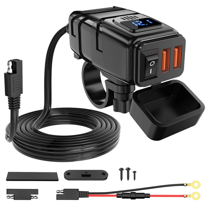 Motorcycle USB Charger 6.8A Quick Charge 3.0 Dual USB with Voltmeter & ON/Off Switch