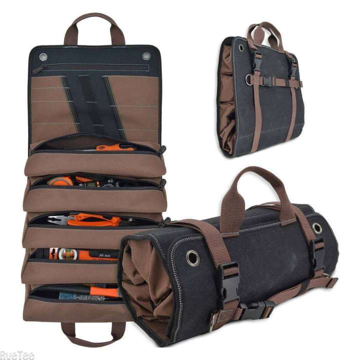 Heavy-Duty Waxed Canvas 15-Pockets Roll Up Tool Bag Organizer