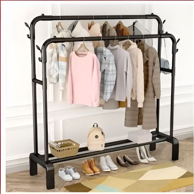 Double Railing and Shelves Heavy Duty Full Body Iron Coat Rack With ...