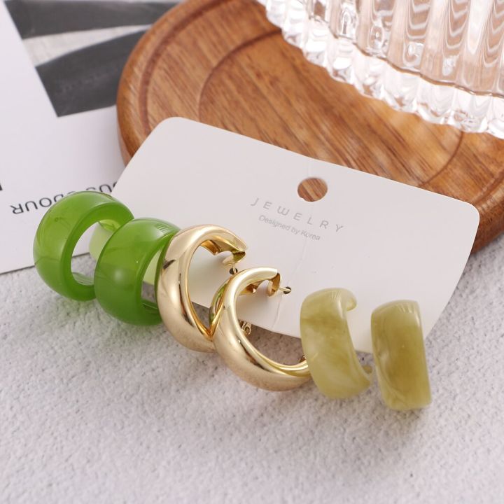 New Jewelry Fashion Trend Earrings Rings Resin Color Girls Ladies Suit Earrings Big Metal Gold Acrylic KISSWIFE Rings