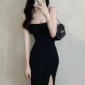 Light mature hot girl, pure desire style, design sense of royal sister, black slit bag hip suspender dress, women's long waist cinched thin. 