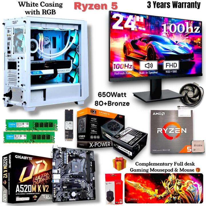 White Gaming PC Full Setup Ryzen 5 5600GT/ Koorui 100hz 24" 1ms 100%Srgb Gaming Monitor/ 16GB 3200Mhz RAM/ 256/512GB Nvme/ 80+ Bronze PSU.