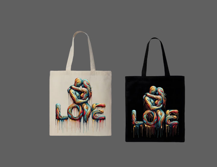 Colorful Dripping Hug "LOVE" Printed Tote Bag– Black & White