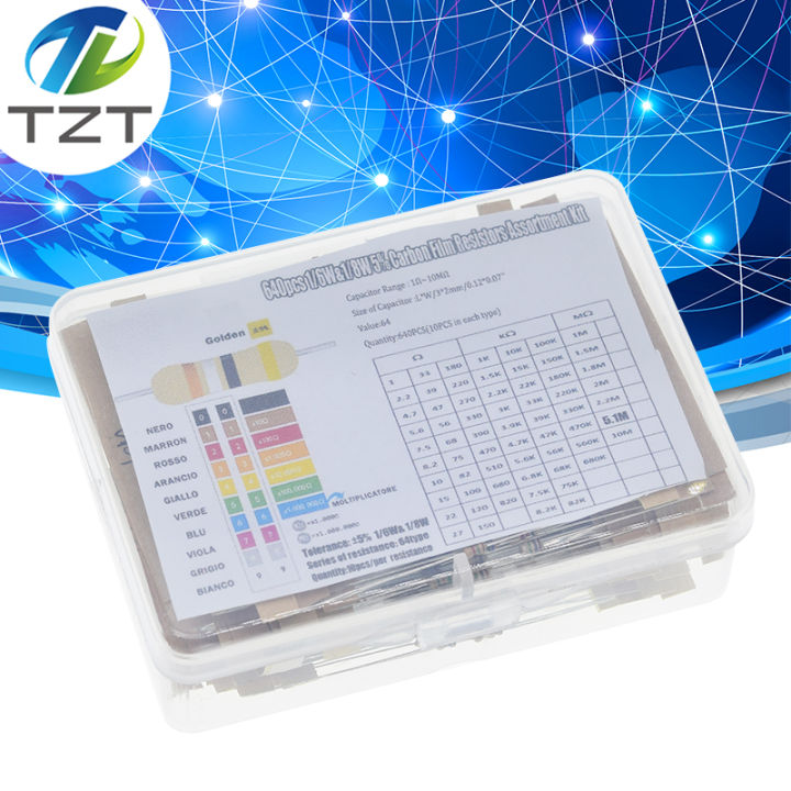 1/8W 5% 640pcs 64 Values 1R - 10MR 0.125W Carbon Film Resistor Assorted Kit Set