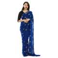 Blue Chiffon Floral Embroidered Golden Border Design Saree For Women. 