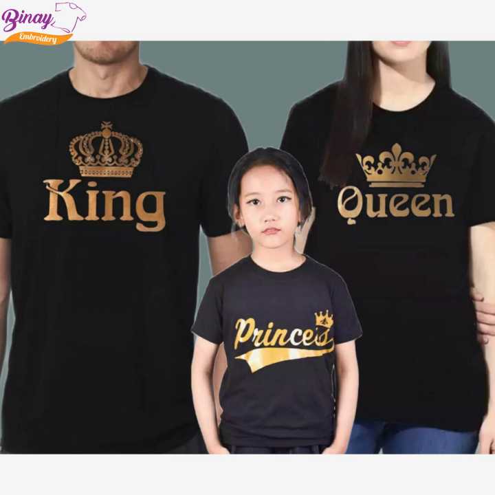 Binay Embroidery King Queen & Princess (3 Pcs) Family Combo Set Black Printed T-Shirt For Men & Women