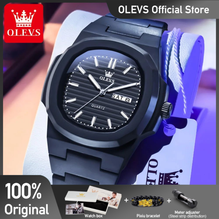 Olevs 5627 Original Men's Watch Quartz Watch Resin Strap Double Calendar Square Watch Waterproof Luminous Watch For Men Gifts Box
