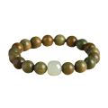 Natural green sandalwood bracelet single circle round beads women's beads with Hetian jade cinnabar transfer beads Chinese style hand jewelry. 