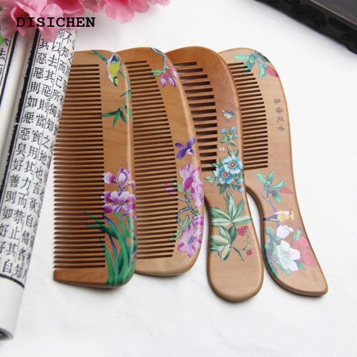 DISICHEN New style 1Pcs Wood Comb Carved Painted Anti-Static Natural Head Massage Comb Handmade Wooden Hair Comb Hair Styling Tools for Gift