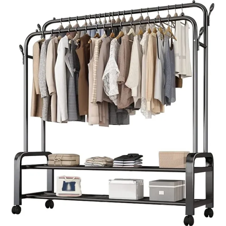 Heavy-Duty%20Metal%20Garment%20Rack%20%E2%80%93%20Double%20Rod,%20Storage%20Shelf%20&%20Hooks,%20Portable%20Clothes%20Organizer%20with%20Rollers%20%7C%20Cloth%20Hanger%20%7C%20Hanger%20-%20Image%203