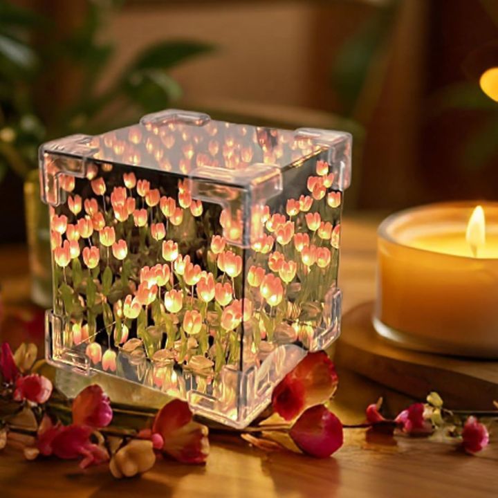 Tulip Cube Mirror Lamp, 30 Flowers LED Decorative Lamp, 2 in 1 Mirror & Table Ornaments for Bedroom Livingroom Desktop Decor Birthday Gift