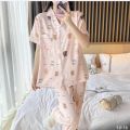 Printed 2Pcs Short Sleeve Pajama Set For Womens Summer Casual Silk Satin Button Sleepwear Ladies. 