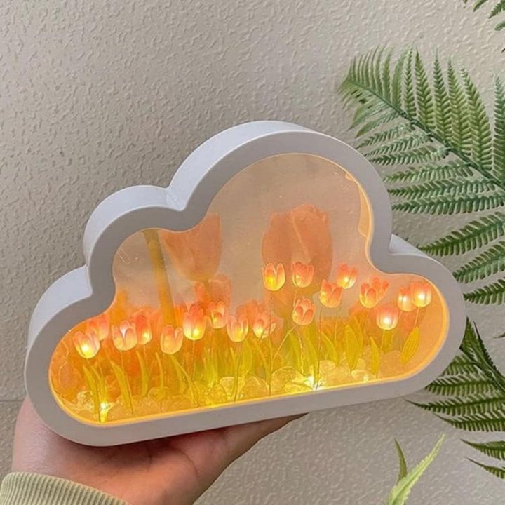 Tulip Cloud Mirror Lamp 2-in-1 Decorative Table Light & Mirror, Tulip Night Light, LED Flower Lamp Bedroom Home Decor Aesthetic Desktop Gifts for he/she (Cloud Tulip Lamp)