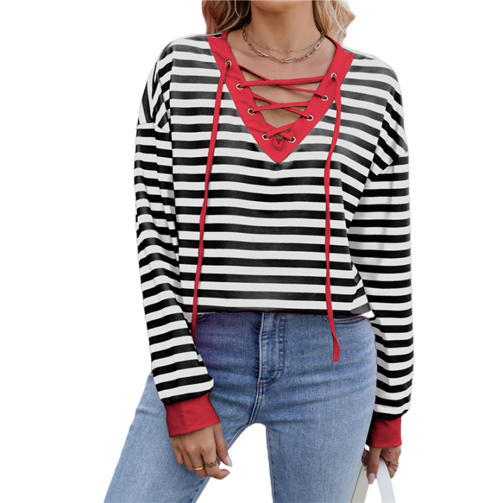 Womens Striped Oversized Sweatshirt Color Block Crew Neck Long Sleeve Casual Loose Pullover Top Black & Red XL