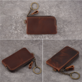 Genuine Leather Men Key Wallet,Zipper Housekeeper Pouch Holder,Keychain Crazy Horse Coin Purse. 