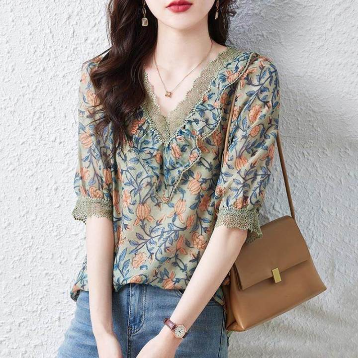 2026%20Summer%20High%20Jacquard%20Chiffon%20Shirt%20Women's%20Short-sleeved%20Noble%20Temperament%20Lady%20Casual%20V-neck%20Korean%20Shirt%20-%20Image%204