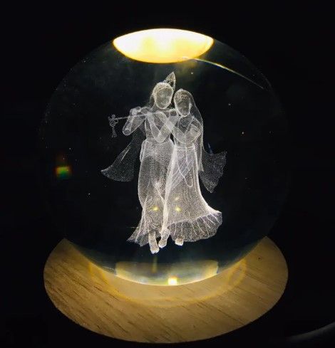 Radha Krishna Crystal Glass Ball Light 3D Nightlight Wooden LED Display Base Stand Home Decor 8cm