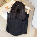 Simple Sleeveless Lace-up Camisole Pleated Solid Color Lace Vest Tops Beach Wear Halter Women's Crop Top Party. 