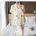 Printed 2Pcs Short Sleeve Pajama Set For Womens Summer Casual Silk Satin Button Sleepwear Ladies. 
