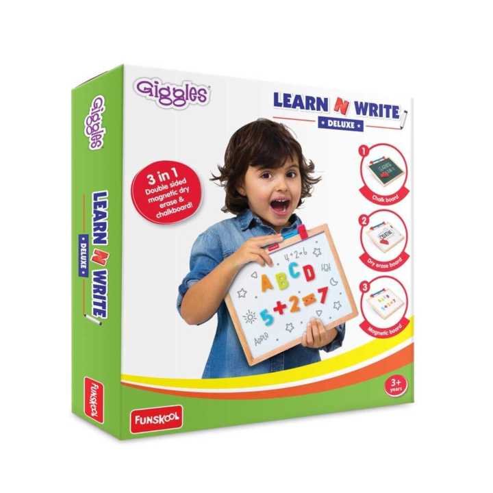 Funskool Giggles Draw N Write Desktop Slate, 4 in 1 Double Sided Board - Chalk Board & Dry Erase/Magnetic Board, Adjustable Angles, Magnetic Letters and Numbers