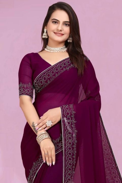 Fashionable Embellished Purple Georgette Silk Blend Saree For Women With Lace Banglori Blouse (Unstitched)