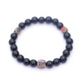 Black Onyx Stone Bracelet/ wrist mala, Inlaid Brass beads- Lotus Handicrafts. 