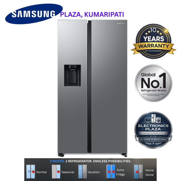 Samsung 700L Side-By-Side Refrigerator  | Smart WiFi Embedded, Digital Inverter, 5-in-1 Convertible, Twin Cooling Plus, Non-Plumbing Water Dispenser, Silver EZ Clean Steel, 10Y Warranty