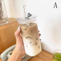 400ml Square Heat Resistant Coffee Glass Cup With Lid And Straw Transparent Milk Tea Juice Cups Coffee Mug Home Bar Drinkware MENGYU. 