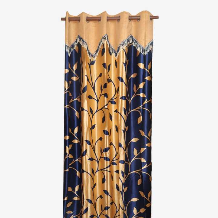 Blue/Golden Color Floral Print Design Curtains Per Pcs 5/7Ft