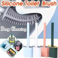 Silicone Toilet Brush with Holder Set - Flat Head Flexible Soft Bristles Brush with Quick Drying Holder Set for Bathroom Accessory. 