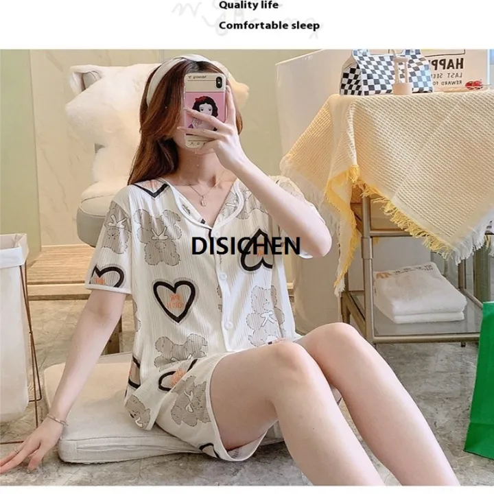 DISICHEN%20Three-Piece%20Set%20Women%20Sleepwear%20Silk%20Short-Sleeved%20Trousers%20Pajamas%20Ladies%20Cartoon%20Bear%20Cherry%20Lapel%20Cardigan%20Nightwear%202025%20New%20-%20Image%205