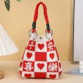 Cute Red Knitted Bucket Bag Handmade Large Capacity Wrist Bag Woven Ring Buckle Star Tote Bag for Women Girls. 