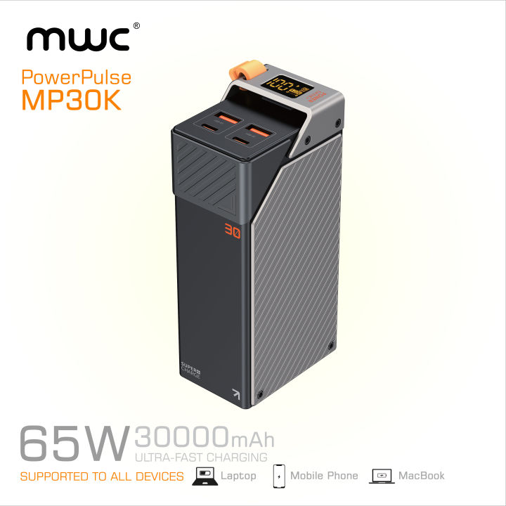 MWC PowerPulse MP30K I 65W Ultra-Fast Charging I 30000mAh Li-Polymer Battery I Eight-Fold Multi Layer Security I Digital Display I Mini Size I Supported for Laptop, Mobile phone, MacBook & All other Devices  I
