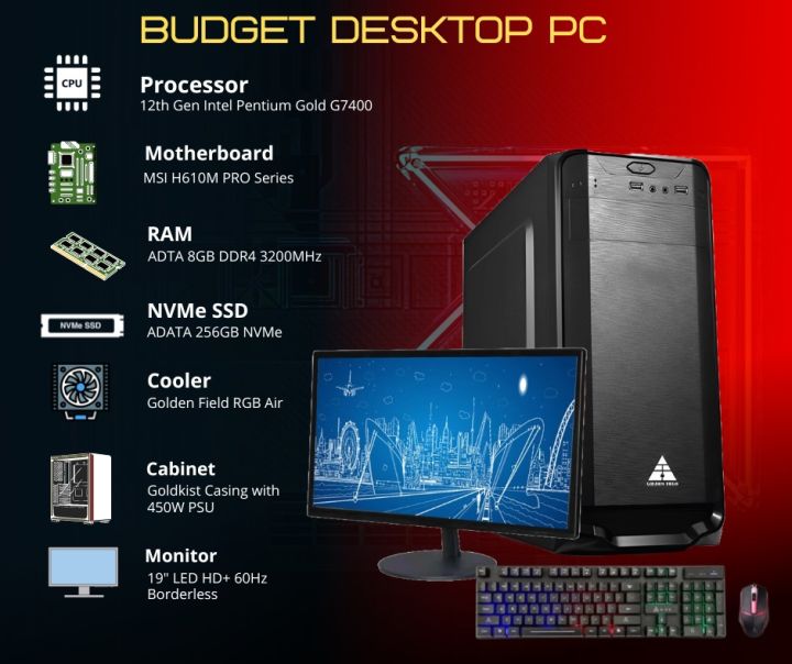 Desktop PC Intel G7400/ H610M MB /8GB DDR4 RAM /256GB  SSD / RGB FAN 400LED Goldkist Q19 Casing with 450W PSU 19" LED Monitor Goldkist Combo mouse keyboard