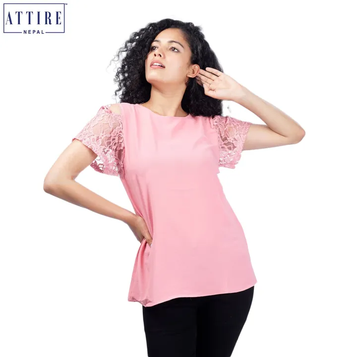 Attire%20Nepal%20Women'S%20Round%20Neck%20Solid%20Cold%20Shoulder%20Lace%20Sleeve%20Top%20-%20Image%203