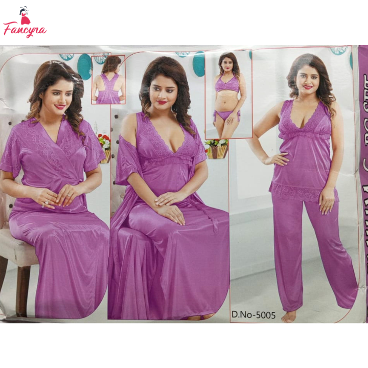 Fancyra Women 6 Pieces Set Purple Satin Nightwear Set with Gown Top Pants & Lingerie