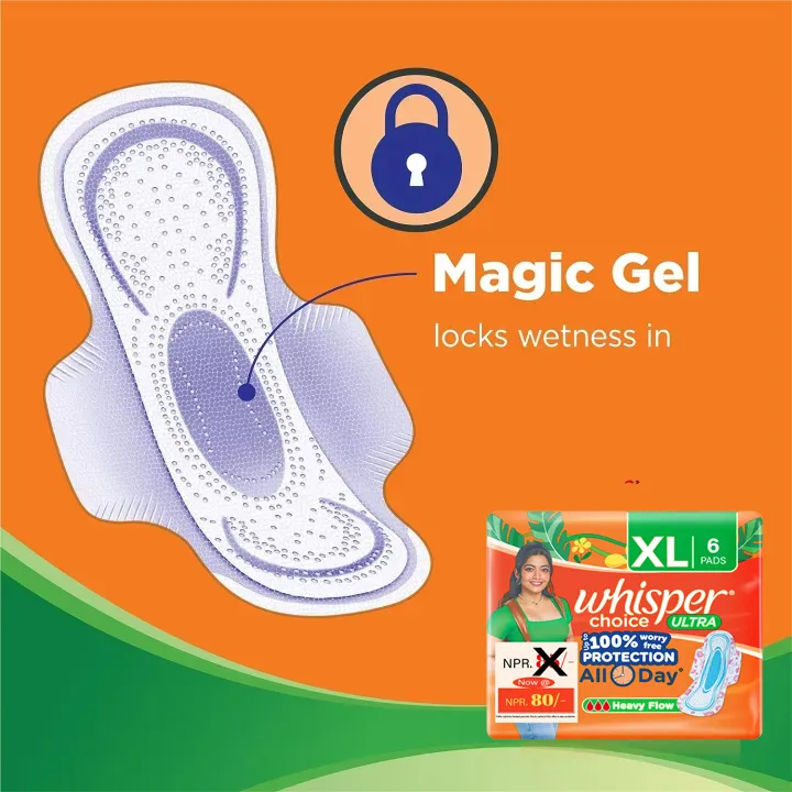 Whisper%20Choice%20Ultra%20Sanitary%206%20Pads,%20XL%20With%20Wings%20-%20Image%202