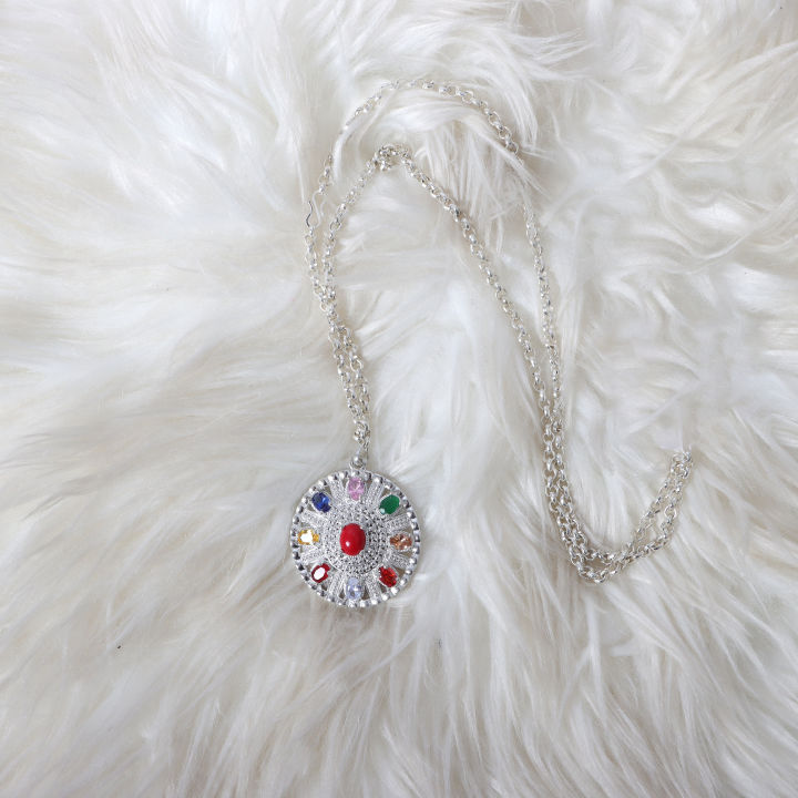 Jewel Queen Silver Plated Newari Cultural Locket with Navaratna Stones for Women