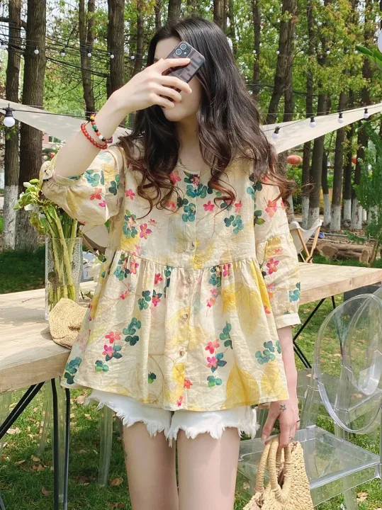 HOT%20Babydoll%20Shirt%20Women's%20Top%20Korean%20Style%20Loose%20Sweet%20Floral%20Mid-Sleeve%20Blouse%20-%20Image%206