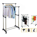 Double Rolling Rail Adjustable Portable Clothes Garment Rack - Highly Functional Hanger Solution. 