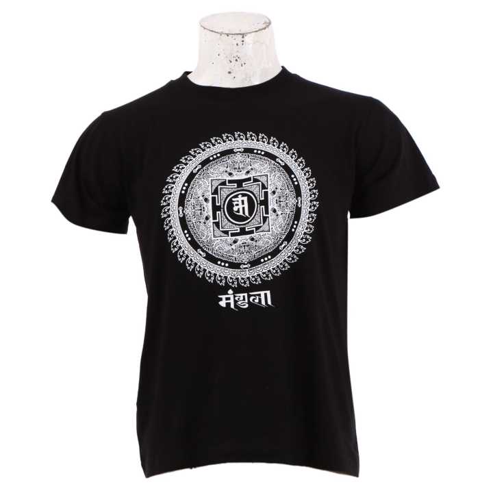Black Cotton Round Neck Half Sleeve  Newari Mandala Printed T-Shirt For Men