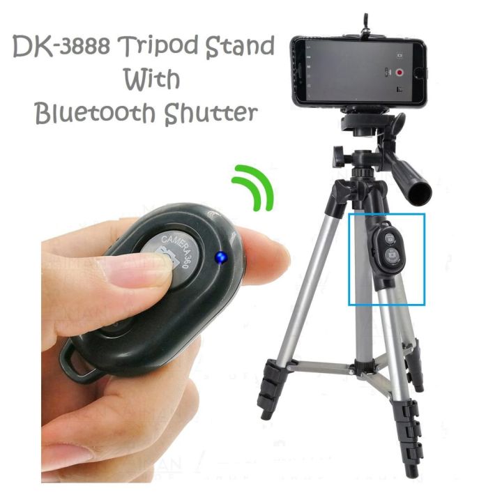 Aluminium Alloy DK 3888 Portable & Foldable Camera Mobile Tripod With Bluetooth Wireless Remote Shutter Photo Clicker Controler Compatible with Xiaomi, Lenovo, Apple, Samsung, VIVO, Oppo, Gionee, All Smartphones