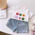 Korean children's clothing for girls, new Korean flower print, short sleeves, foreign style baby girl, forest summer cool T-shirt tide. 