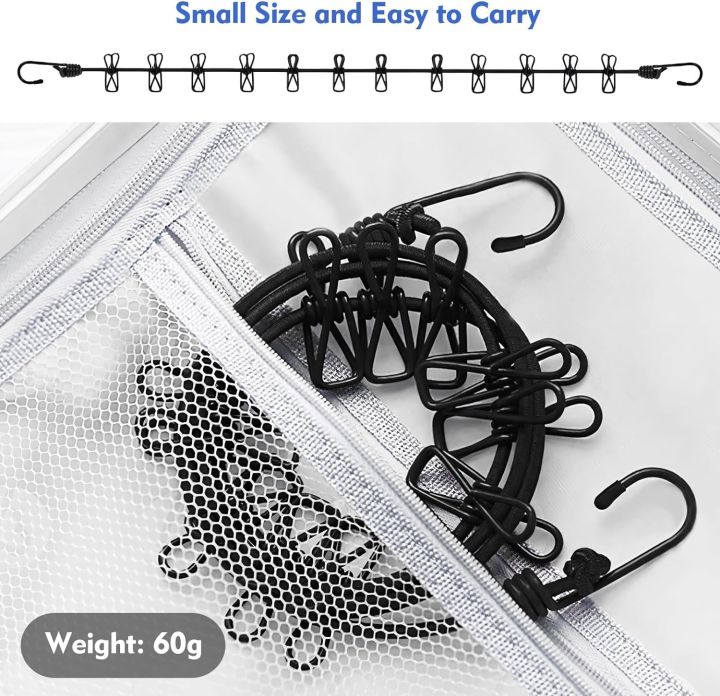 Cloth Drying Rope with Two Sided Hooks, Elastic 12 Clips Cloth Hanging ...