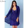 Clovia Women's Satin Short Night Dress & Robe Set in Dark Blue - Nighty. 