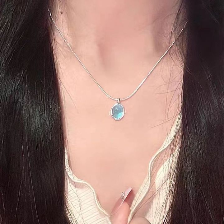 Sale%E3%80%91Moonstone%20Aquamarine%20Necklace%20Women's%20Light%20Luxury%20Niche%20Clavicle%20Chain%20Snake%20Bone%20Thin%20Woolen%20Chain%202023%20New%20Fashion%20-%20Image%204