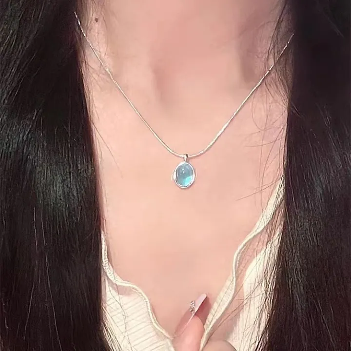 Sale%E3%80%91Moonstone%20Aquamarine%20Necklace%20Women's%20Light%20Luxury%20Niche%20Clavicle%20Chain%20Snake%20Bone%20Thin%20Woolen%20Chain%202023%20New%20Fashion%20-%20Image%204