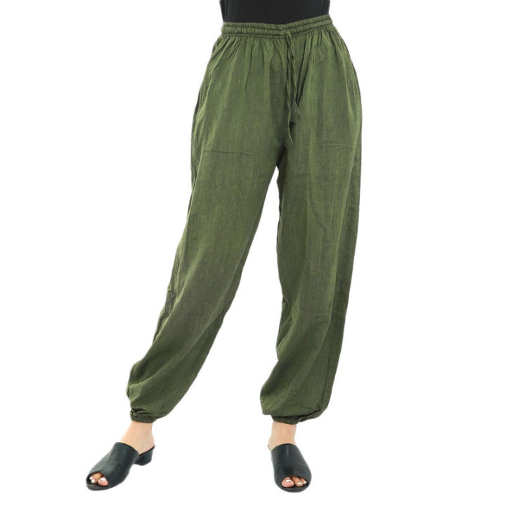 Green Cotton Plain Side Pocket Design Joggers For Women