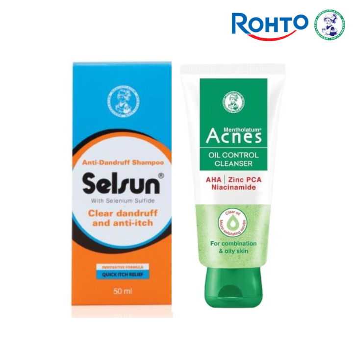 Rohto Mentholatum Hair Care and Skin Care Combo (Selsun Anti-dandruff Shampoo 50ml + Acnes Oil Control Cleanser 100g)